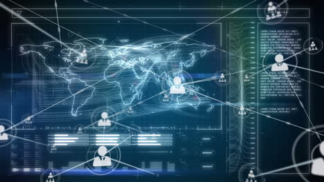 animation of network of connections and data processing over world map