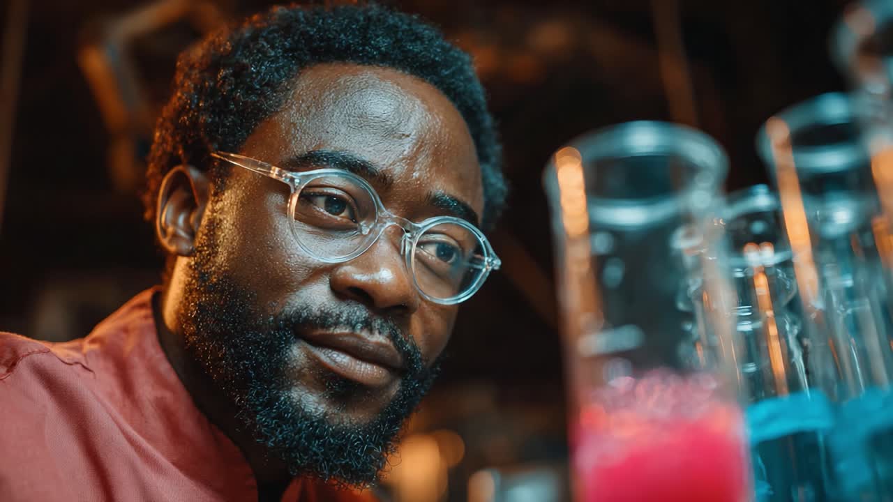 Focused Scientist Observing Colorful Reactions in Laboratory Glassware, Capturing the Essence of Chemistry and Experimentation with a Thoughtful Expression