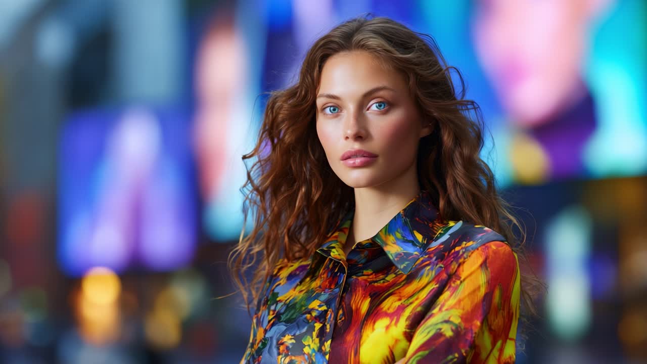 Captivating Portrait of a Fashion Model in a Vibrant Multicolored Shirt Against a Technicolor Background in an Urban Landscape Setting