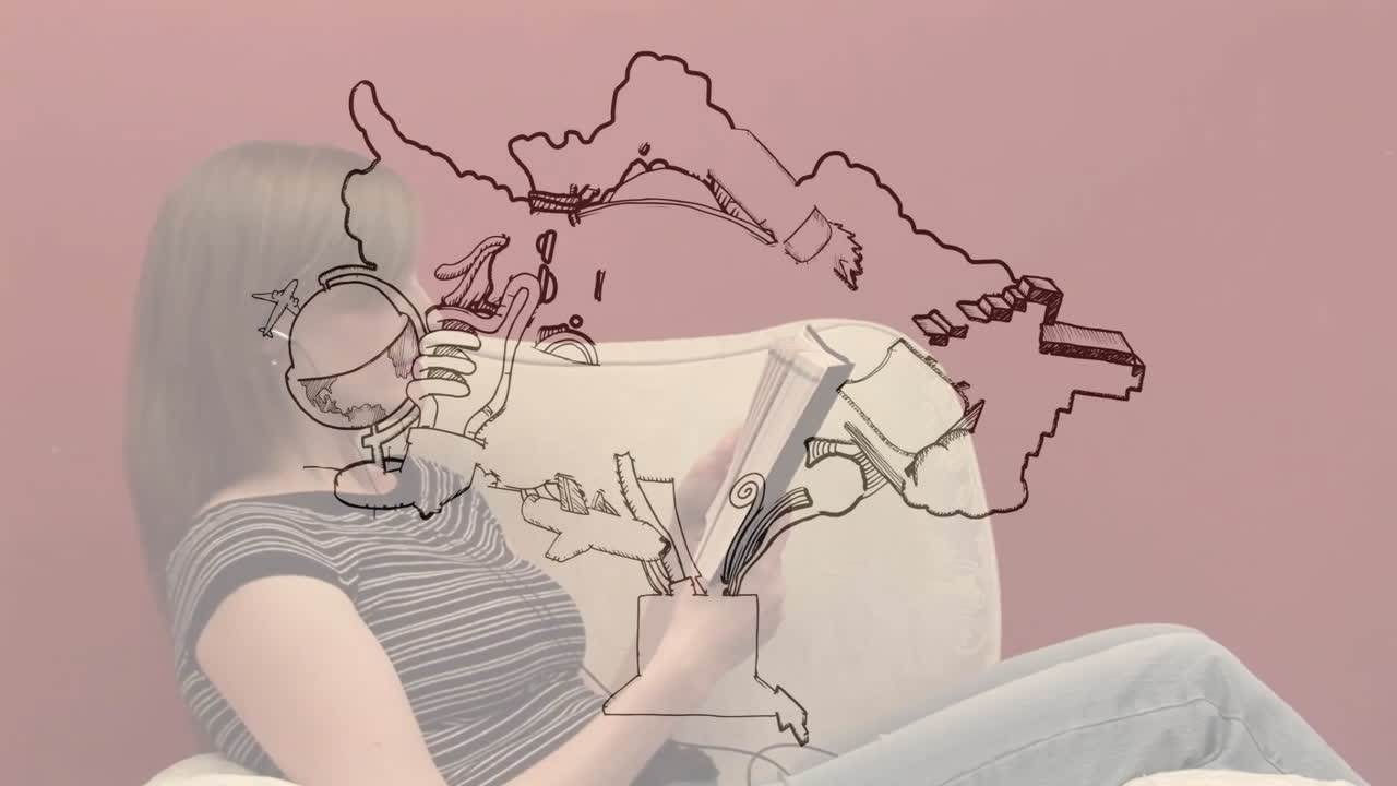 Reading book, woman relaxing on couch with abstract animation overlay