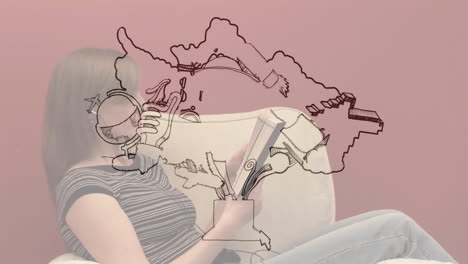 reading book, woman relaxing on couch with abstract animation overlay