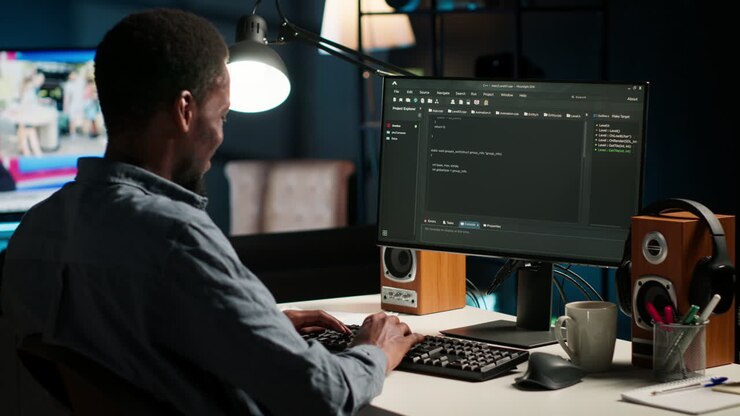 Black man programmer manages code and scripts in artificial intelligence