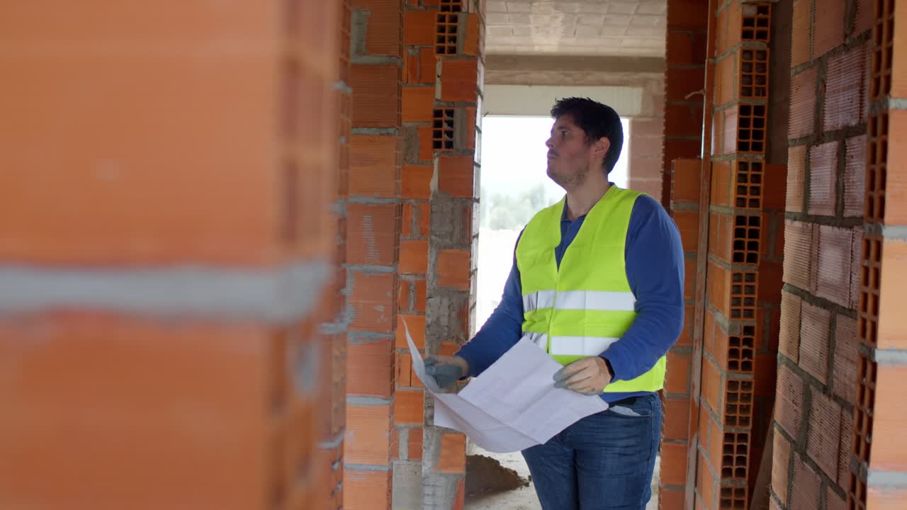4k gimbal en cámara lenta comenzando desde detrás de una pared de ladrillo naranja, mostrando a un trabajador de la construcción en una posición fija, mirando el proyecto e inspeccionando el progreso de la casa.
