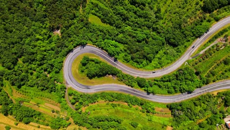 Stunning-aerial-4k-drone-footage-of-a-curvy-road,-forest-and-cars-driving-on-it-in-summertime