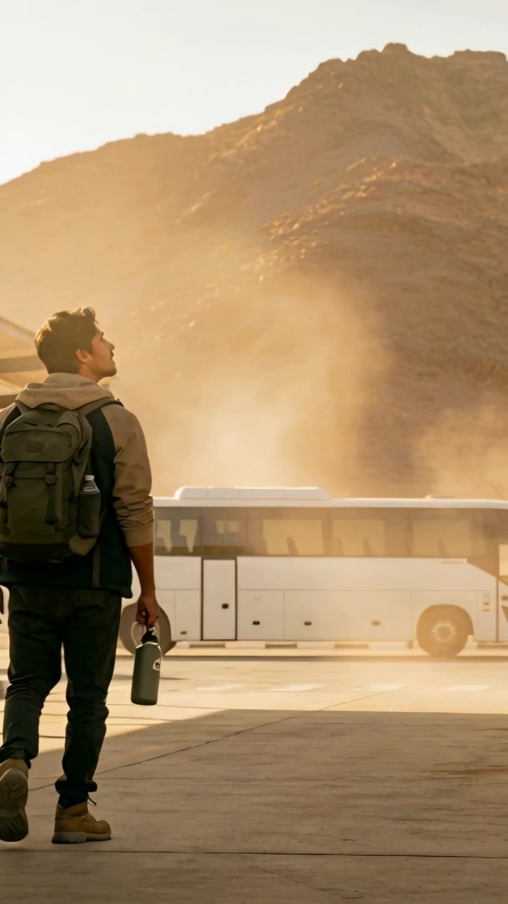 Vertical video: Walking man reacting to dust, moving to bus by ridge in coat with bottle