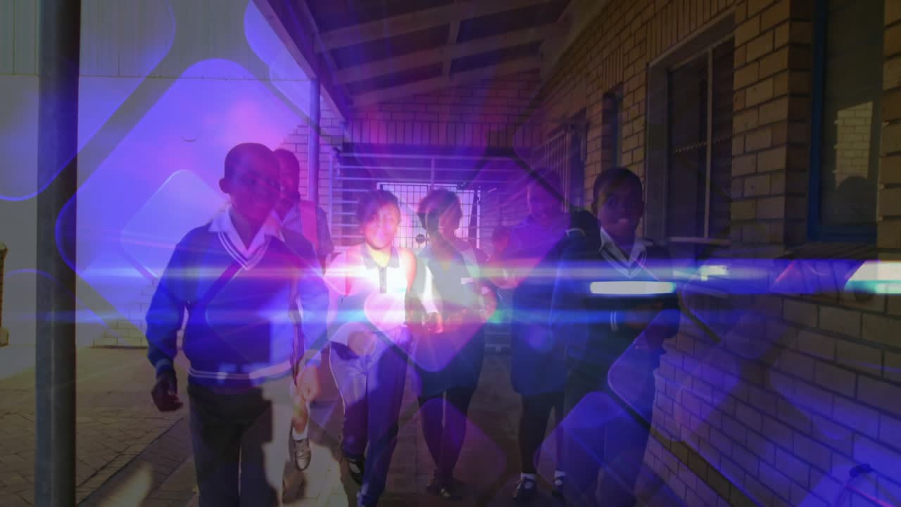 Entering school, six students walking then running toward viewer, flare revealing sweaters bonding