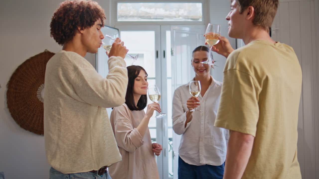 Happy youngsters toasting wineglasses relaxing together domestic party closeup
