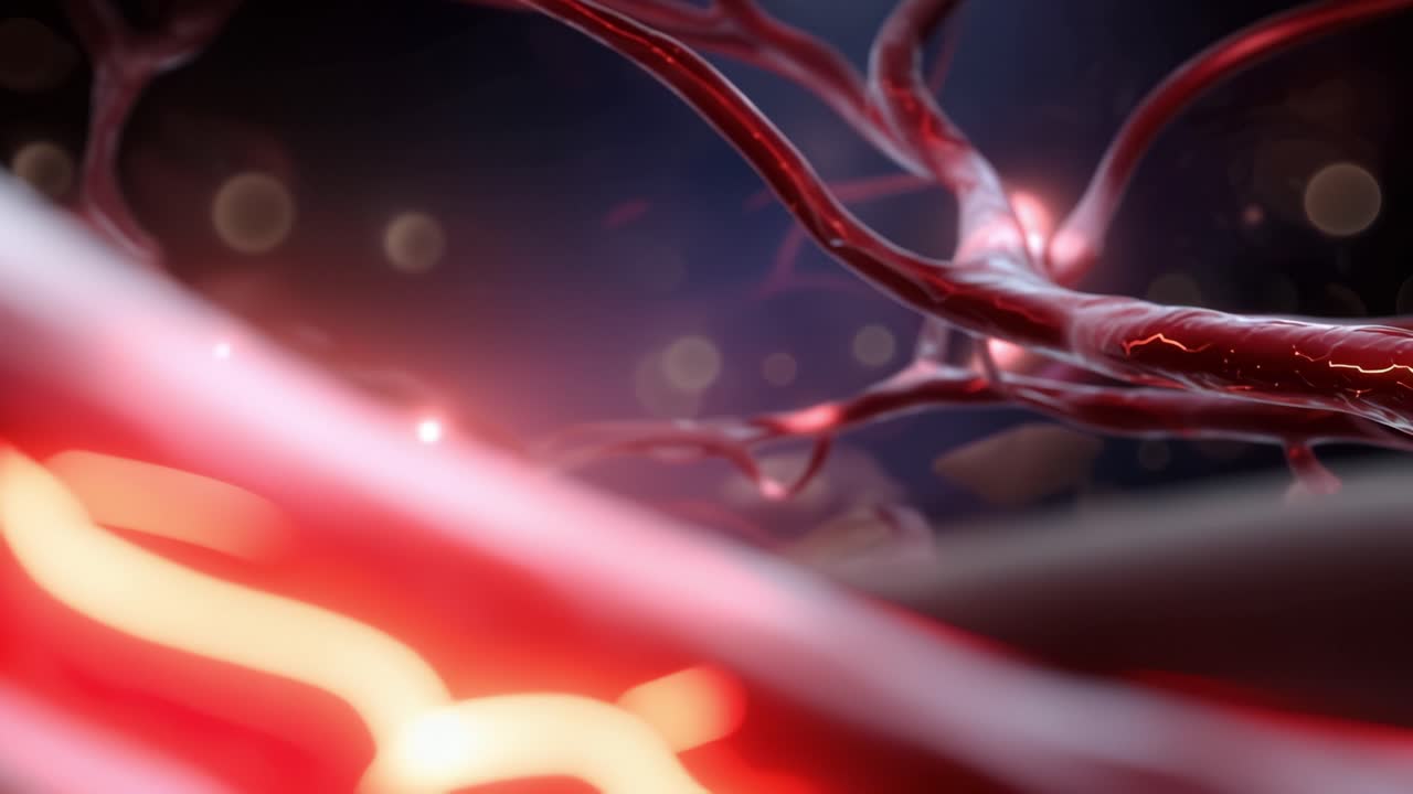 A Stunning Close-Up View of Human Blood Vessels with Glowing Lights and Fluid Dynamics Illustrating Circulatory System's Intricate Network and Functionality