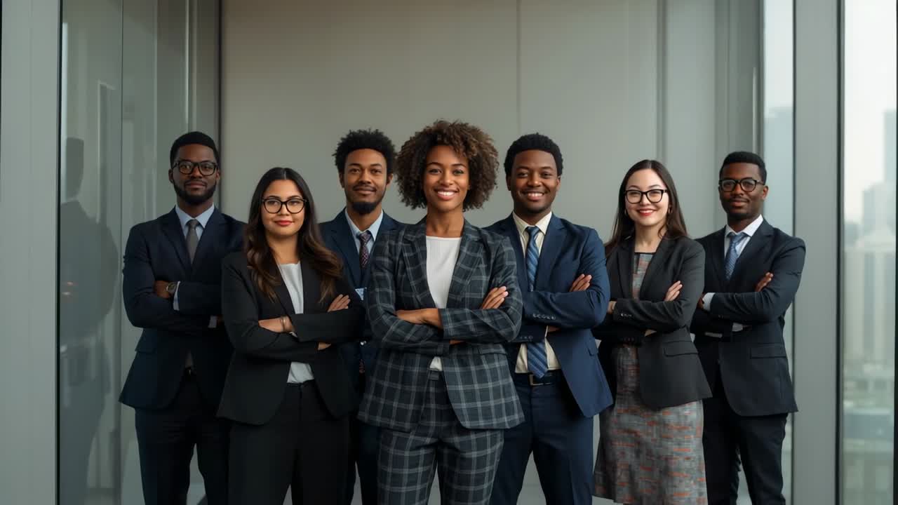 Camera pulling back revealing seven professionals in suits crossing arms by glass panels in office