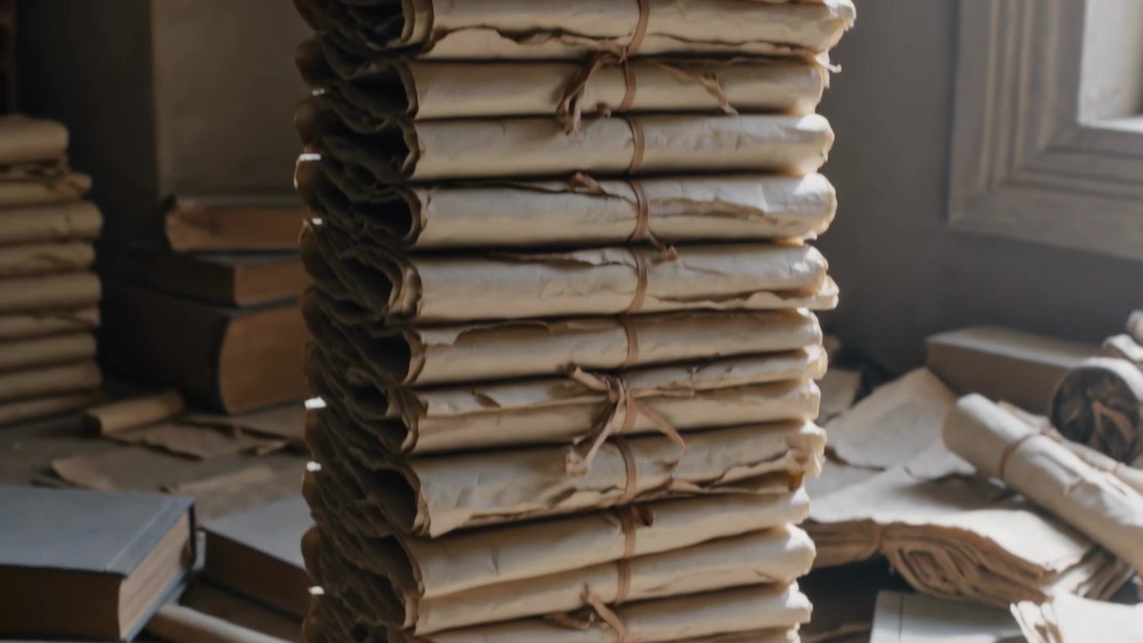 Moving camera right as window light growing in study, showing tied bundles and books for archive