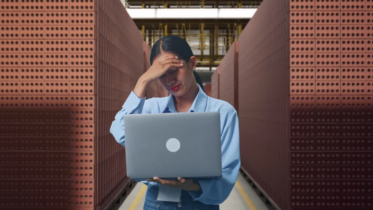 Woman Stressed at Laptop in Warehouse