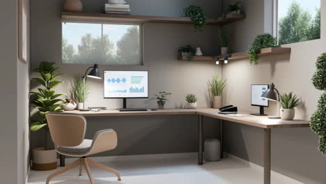 modern and productive home office with lush green plants