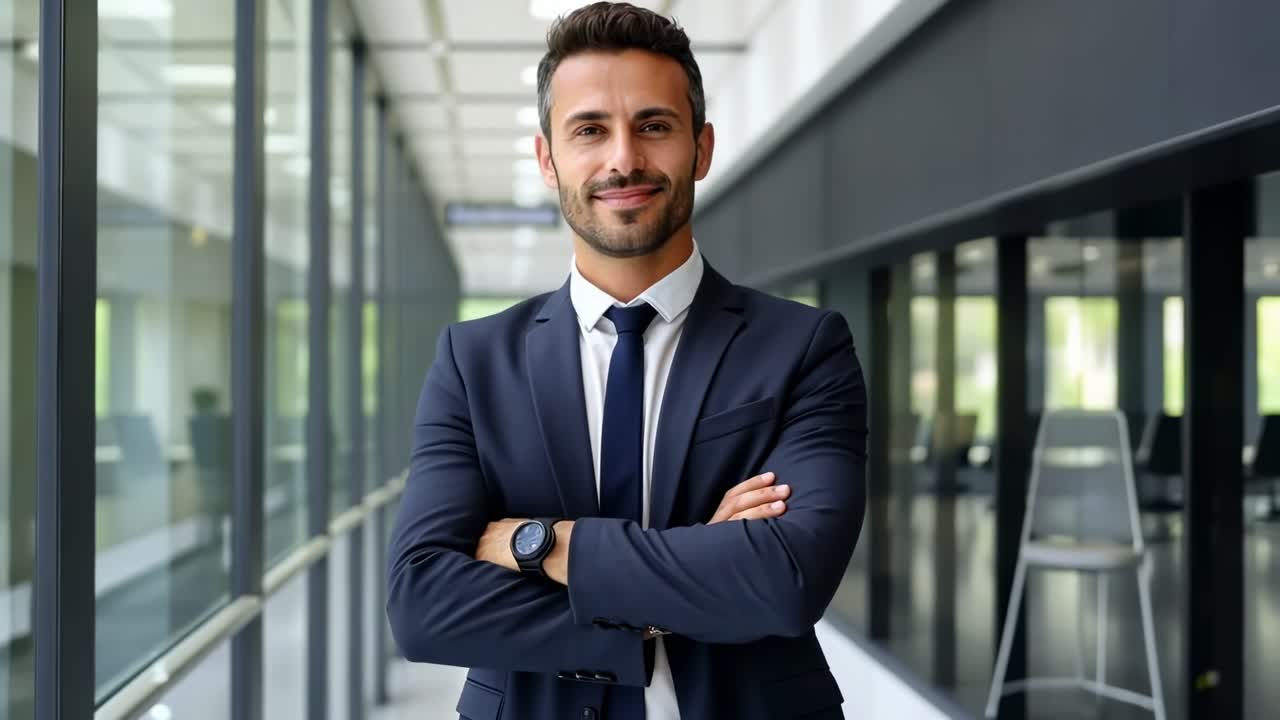 A professional man in a suit smiles confidently in a modern office hallway