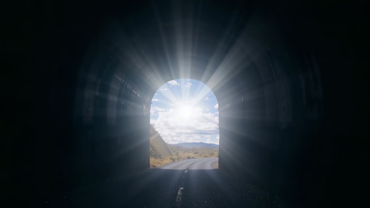 Moving sun causing arched tunnel exit flooding interior with bright rays, paved road visible