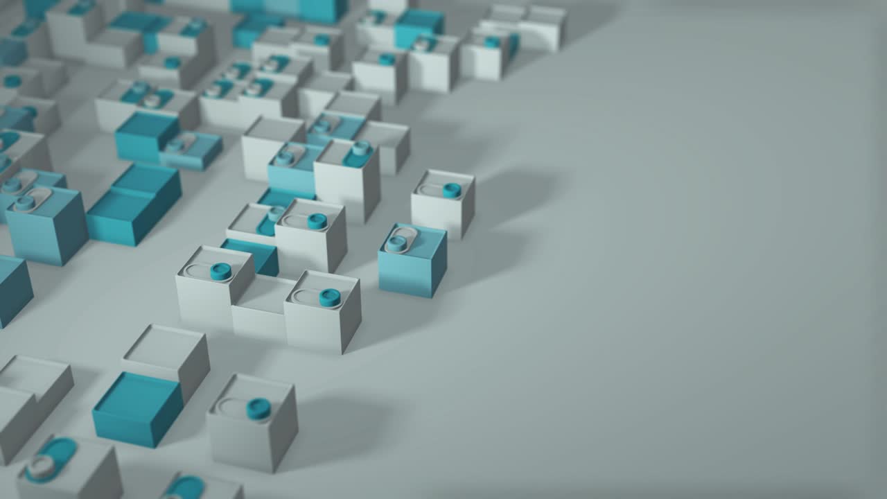renderización 3d de animación en bucle con formas geométricas. animación sin fin. un video tranquilo y satisfactorio con un cambio de forma. deslizadores se encienden. color blanco y azul. profundidad de campo. borrosidad