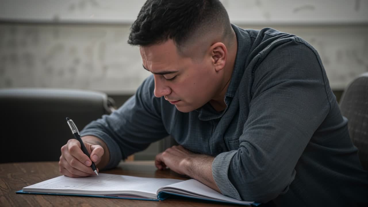 Uomo adulto in pullover chinato su un quaderno, che scrive con una penna al tavolo di casa, riempiendo le pagine.