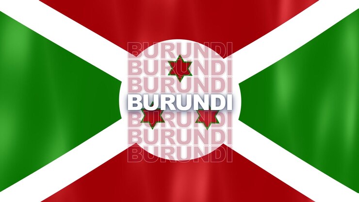 Bandiera nazionale del Burundi con croce di Sant'Andrea bianca, triangoli rossi e verdi, tre stelle e testo sovrapposto