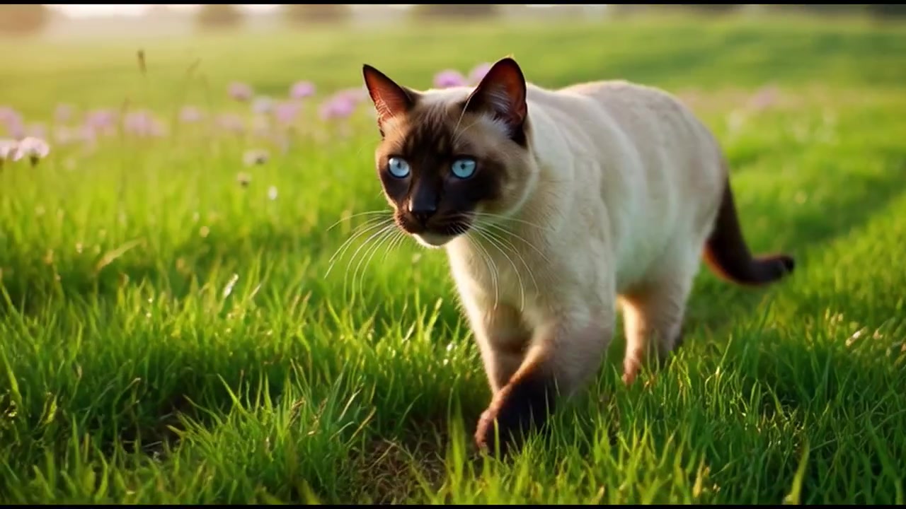 Gatto siamese che passeggia in un prato erboso al tramonto