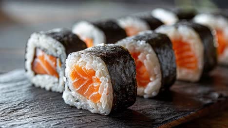 fresh salmon maki sushi rolls on a dark board