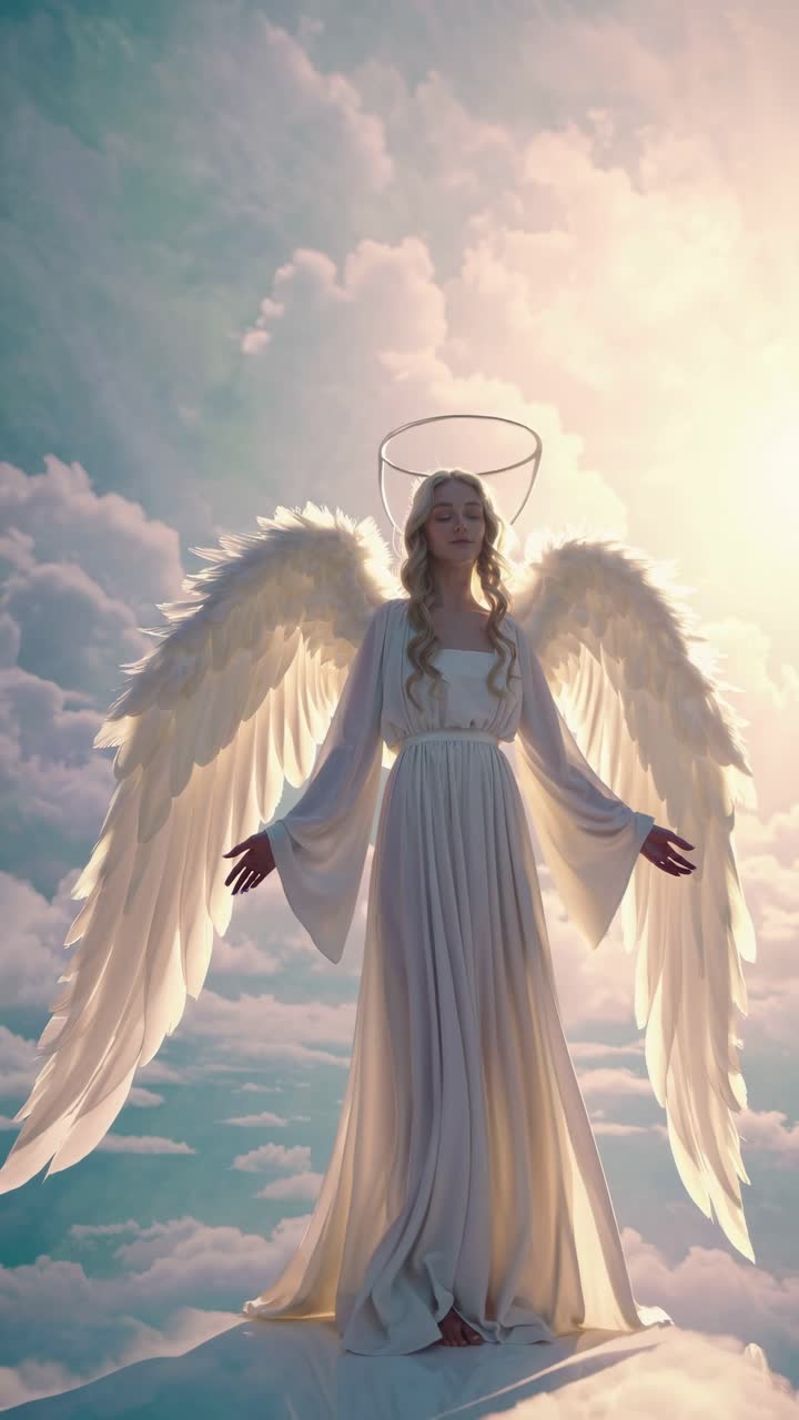 A serene angel with glowing wings stands on clouds, captured from a low-angle, evoking a celestial