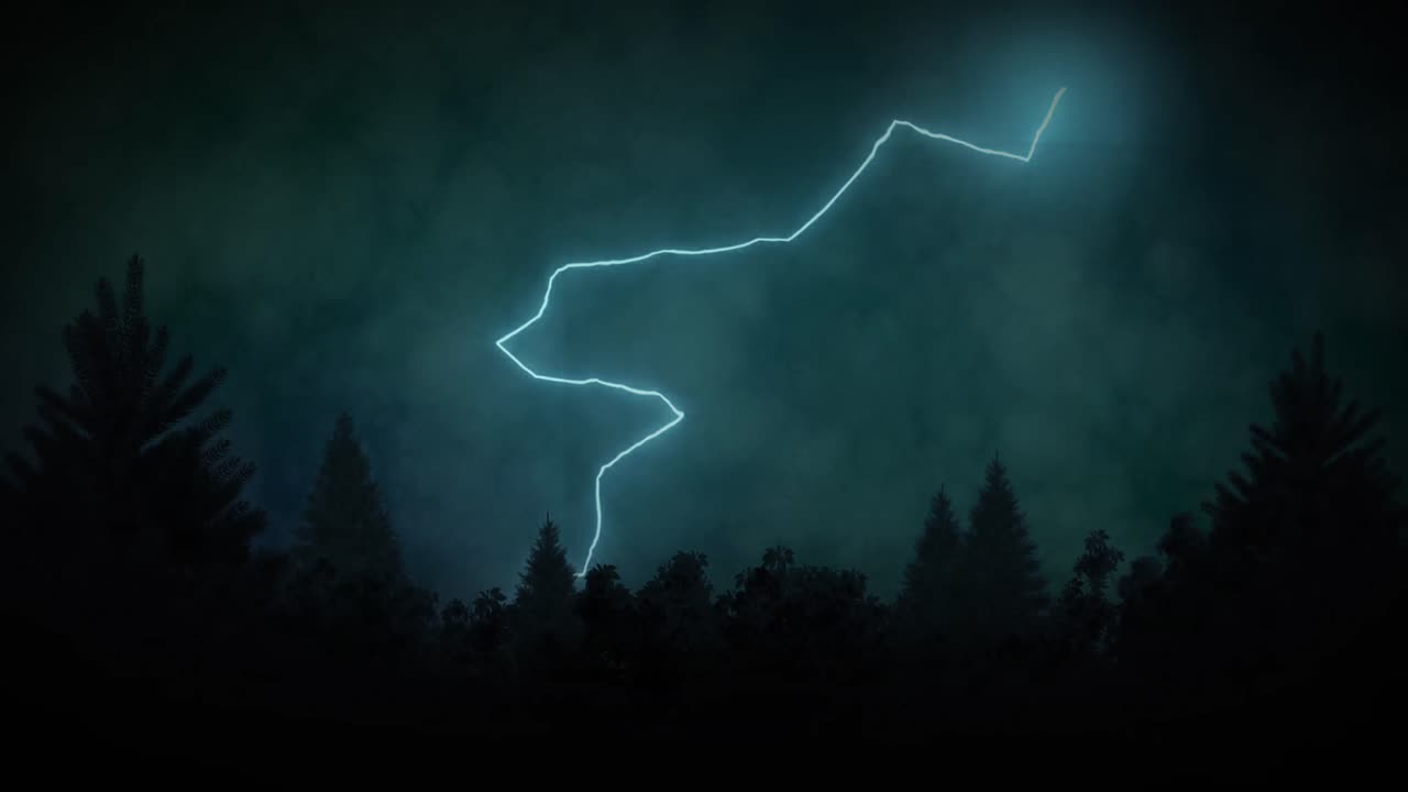 Animation of lightning striking over trees and stormy clouded sky