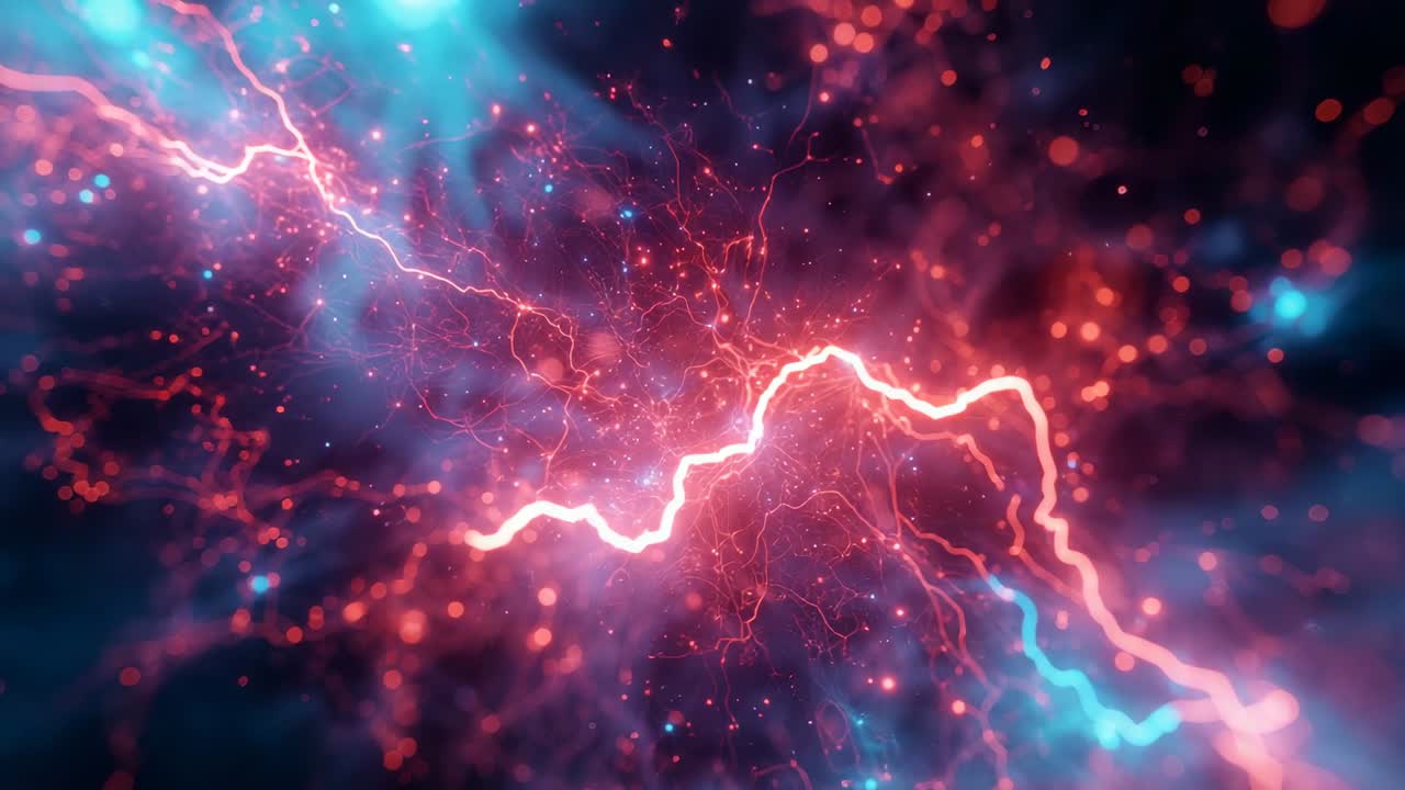 Emerging central red filament pulsing in cosmic haze, with plasma veins, blue nodes and sparks