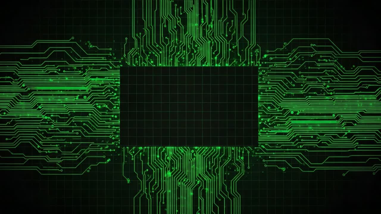 Abstract Green Circuit Board Design Featuring Complex Patterns and Digital Connectivity Throughout the Composition, Ideal for Technological Themes and Backgrounds.