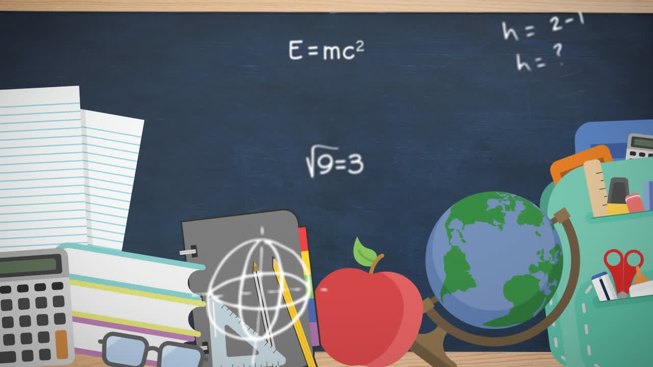 Multiple school concept icons against black board