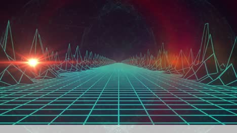 animación de formas geométricas de neón brillantes y paisajes sobre un fondo oscuro.