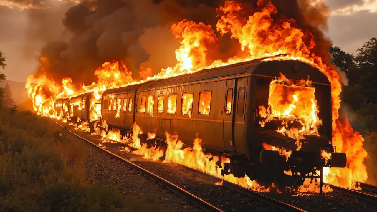 아무데도 없는 곳의 중간에 있는 열차 트랙에 불타는 열차