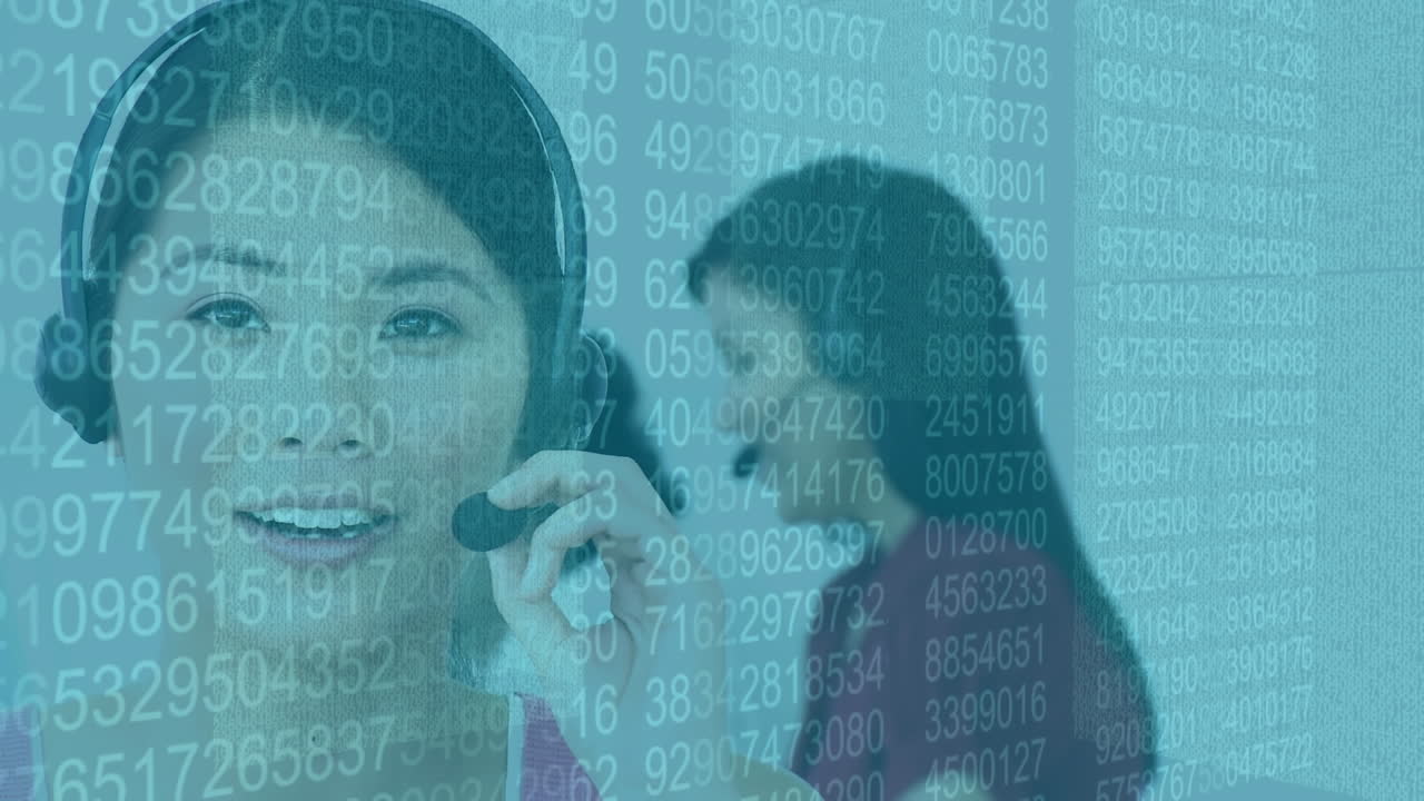 Cyber security data processing over asian female customer care executive talking on phone headset