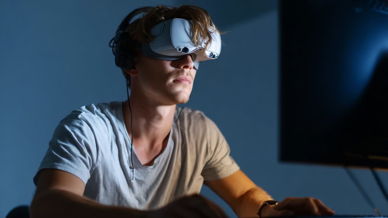 En fokuseret person fordybet i en virtual reality-oplevelse, iført et headset og hovedtelefoner, mens personen interagerer med en computerskærm. Det viser skæringspunktet mellem teknologi og moderne underholdning i et svagt oplyst miljø
