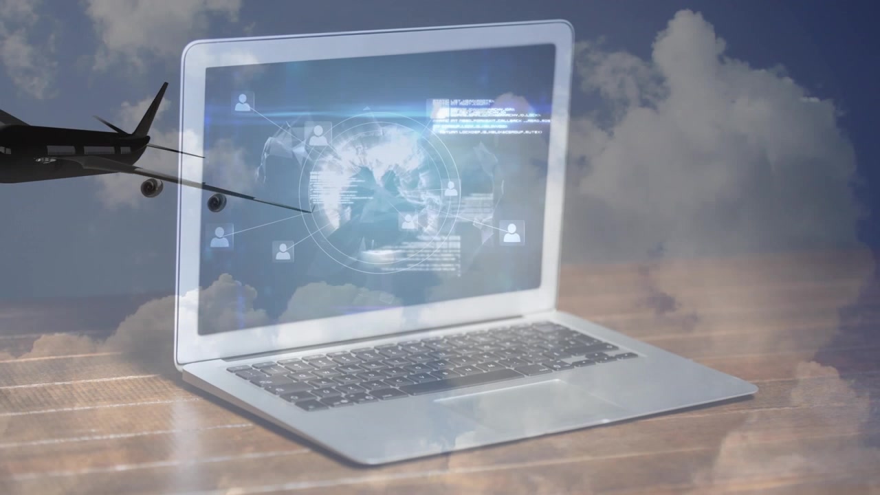 Fly flyver over bærbar computer med overlejret digitalt globalt netværk