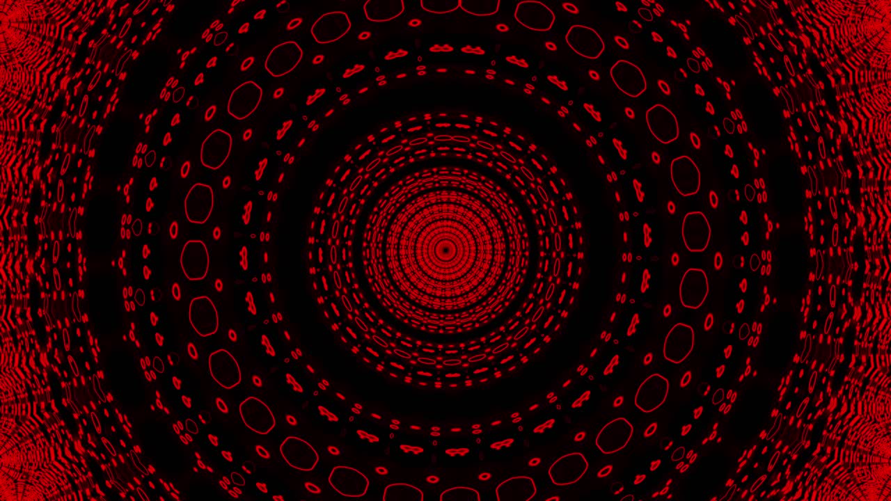 Pink and red dots and lines linked together in a fractal kaleidoscope with seamless concentric pulsing loop