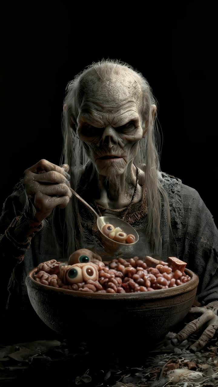 Eerie atmosphere surrounds undead chef with tarnished spoon and floating steam in dim setting