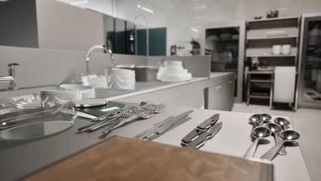 professional kitchen , view counter in stainless steel