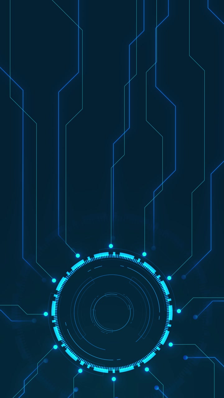 Blue circular tech interface background with left hud ring connected circuit lines dark copy space