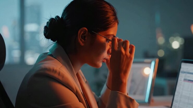 Focused Professional Working Late at Night in a Modern Office, Analyzing Data on Laptop with Urban Cityscape in the Background, Capturing Concentration and Determination
