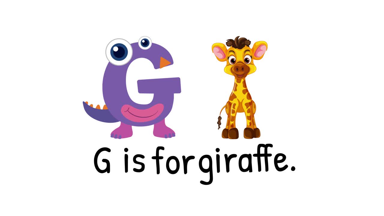 Playful animation with a purple letter G and a cartoon giraffe on a white background