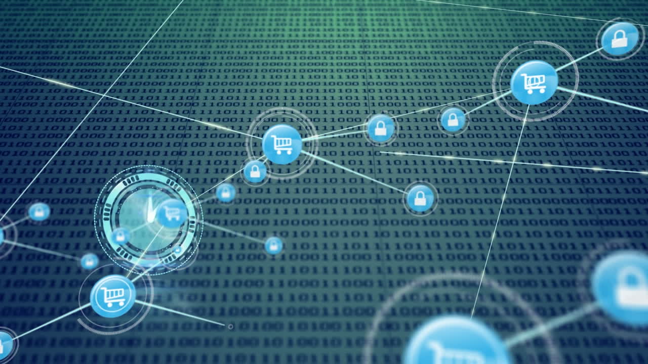 animación de una red de iconos digitales y codificación binaria contra un fondo azul