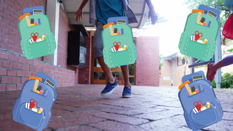 animación de los iconos de las mochilas escolares sobre los niños que corren en la escuela