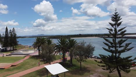 aerial view of a park with tropical trees a skateboard park near a river