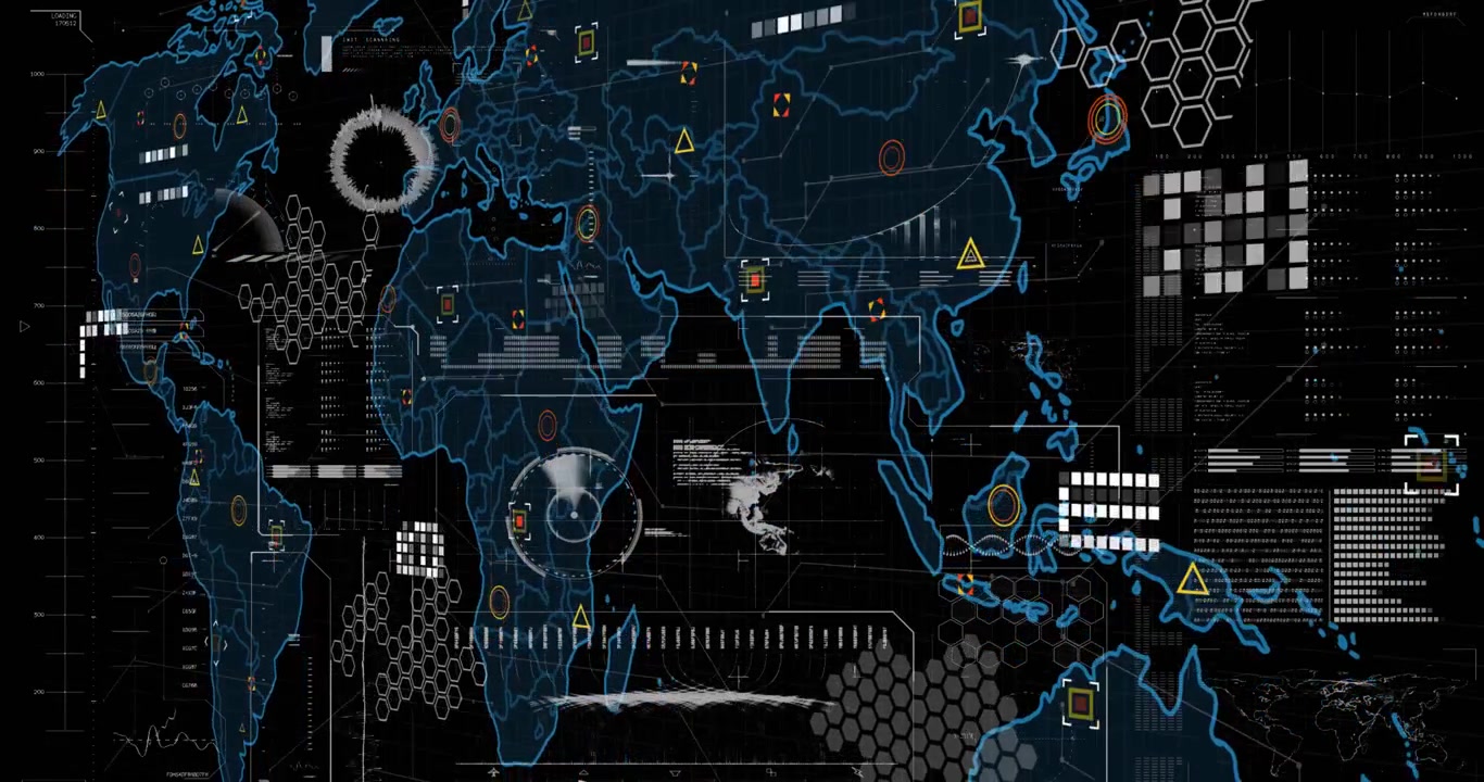 Animation of world map over interface with data processing against black background