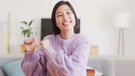 거실 에서 비디오 통화 를 하는 행복 한 아시아 여자 의 초상화