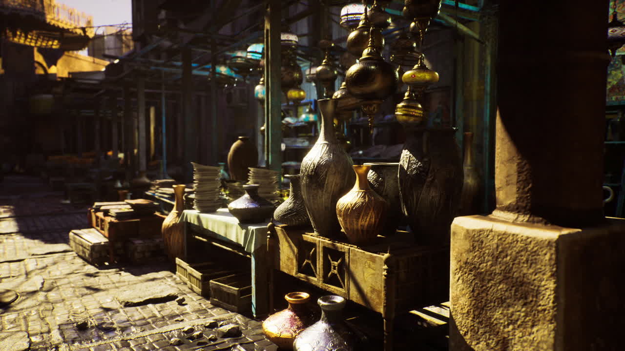 Historical artifacts displayed amidst glowing cobblestone surroundings