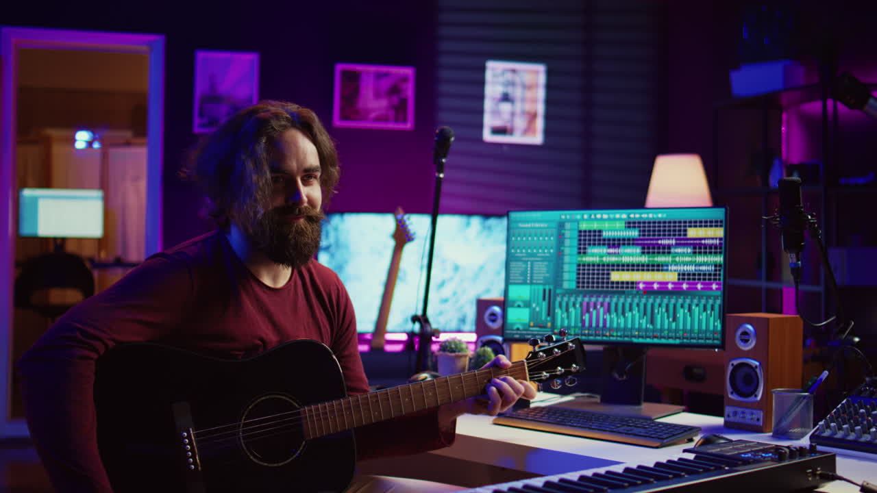 joven compositor tocando la guitarra y creando música