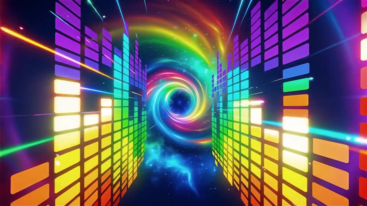 Sfondo visualizzatore equalizzatore musicale neon arcobaleno futuristico.