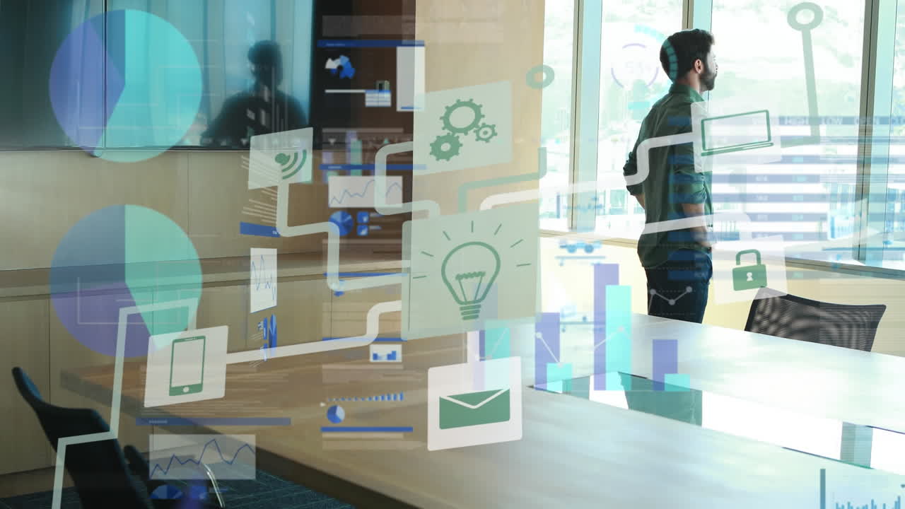 animación del procesamiento de datos estadísticos sobre un hombre caucásico mirando por una ventana en la oficina.