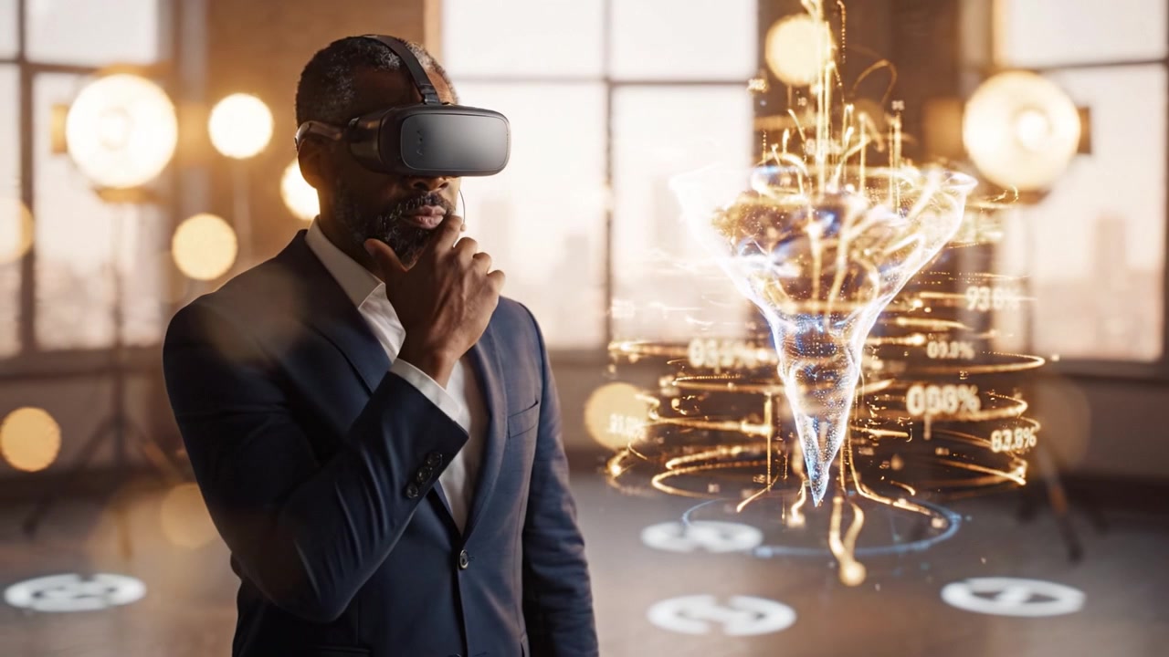 A man experiences the immersive world of virtual reality, showcasing futuristic technology through holographic projections in a modern studio environment.