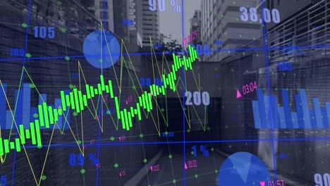 Animación-Del-Procesamiento-De-Datos-Estadísticos-Sobre-La-Red-Grid-Frente-A-Las-Calles-De-La-Ciudad.